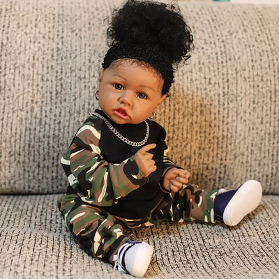 22-Inch Hip Hop Rock Baby Girl Doll – Stylish Black African American Aaliaya Toddler Doll with Full Vinyl Body